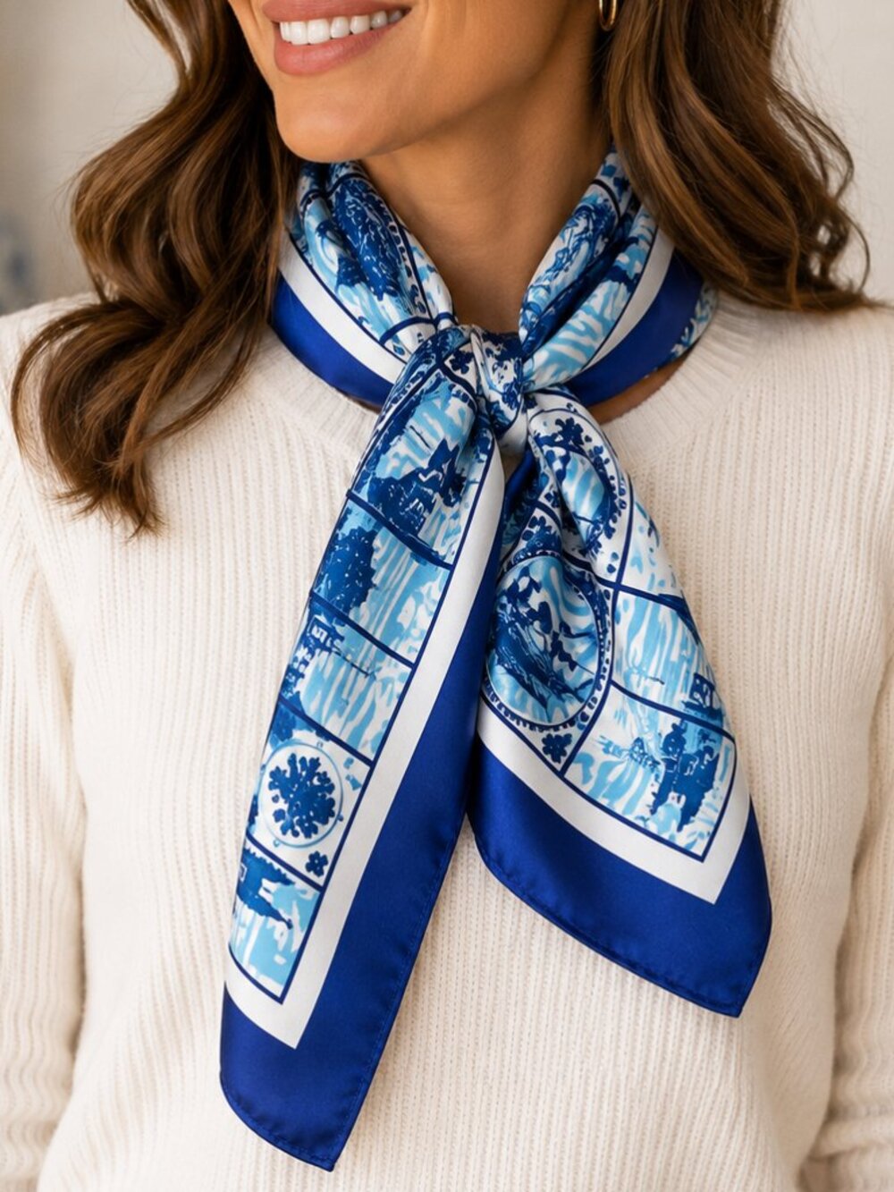 Robin Ruth Delft Tile Print Satin Scarf Blue White European Travel Wrap